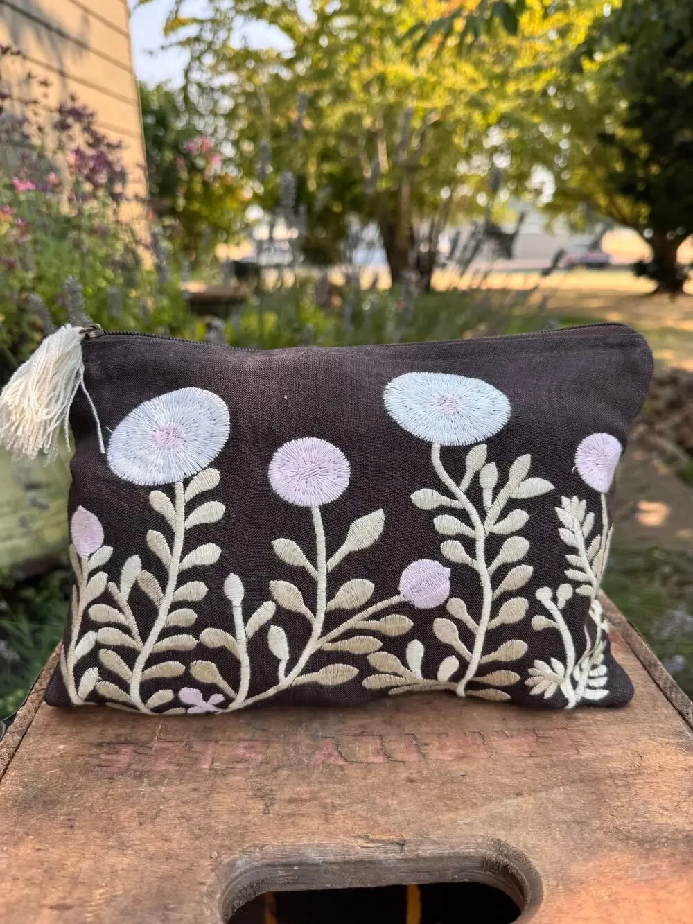 Brown Embroidered Cotton Bag 10 x 7 Pouch Neutral Flower Travel Bag